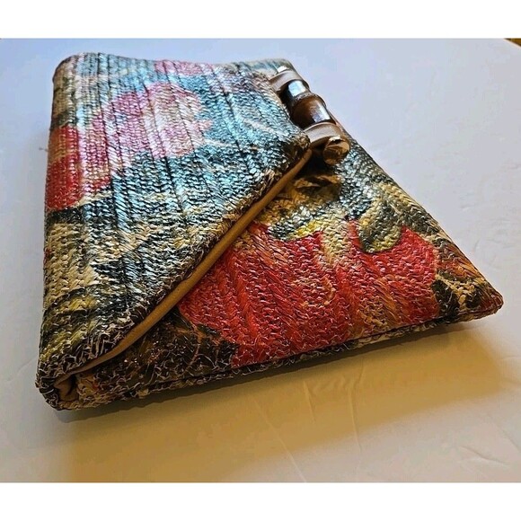 Sondra Roberts Squared Raffia Purse NEW Multicolor Floral Bamboo Clasp -oc- - Picture 9 of 16